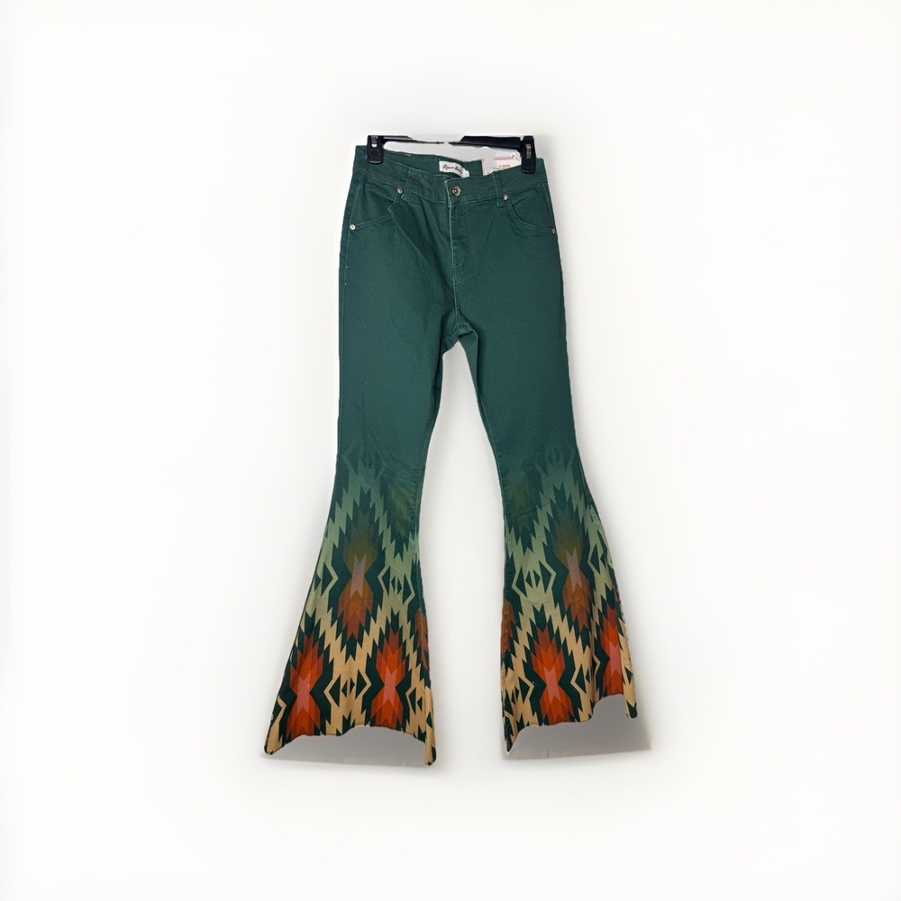Ranch Dressn Western Colorful Super  Flare Jeans Mid Rise Aztec Sz 4 NWT Bell